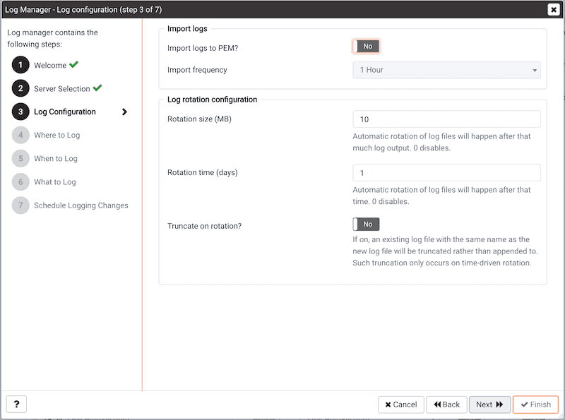 Log Manager Wizard - Log Configuration page